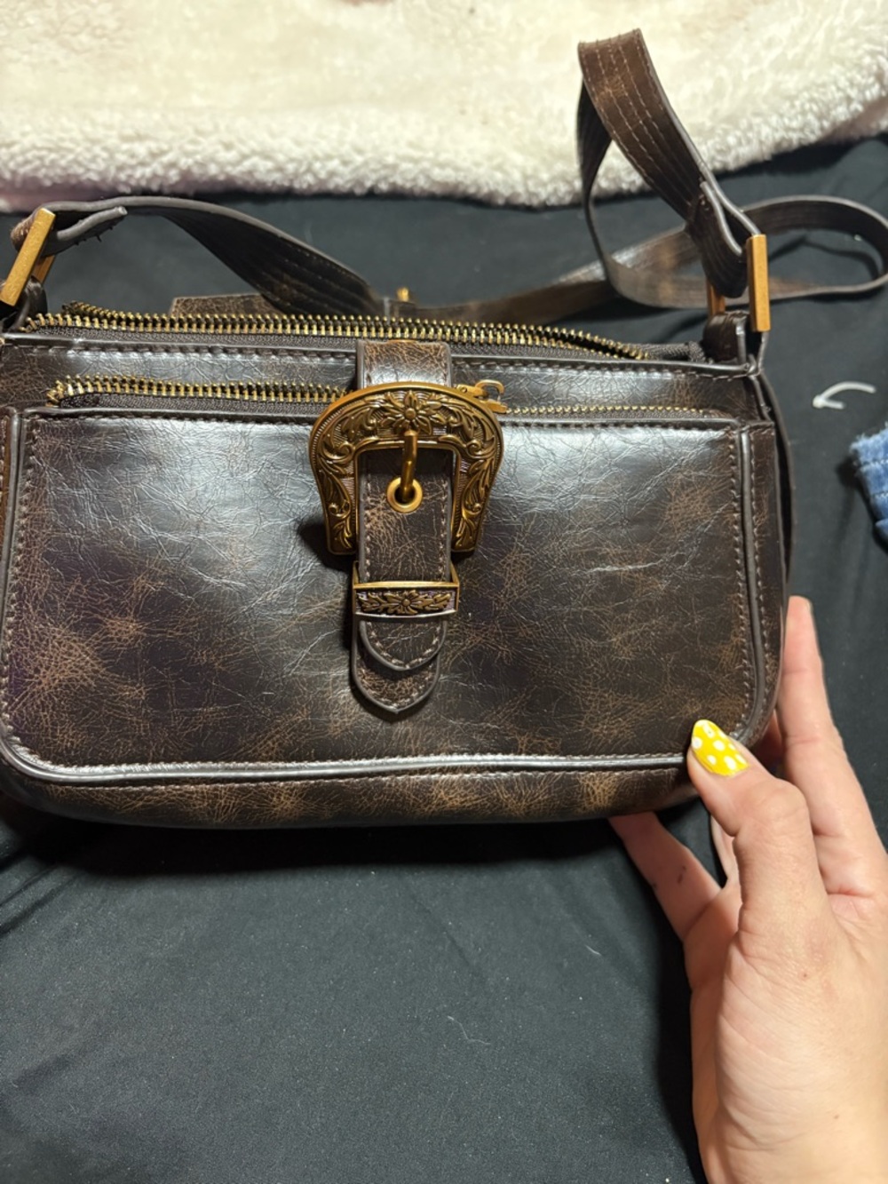 Steve Madden Dark Brown Leather Shoulder Bag with Brass Buckle